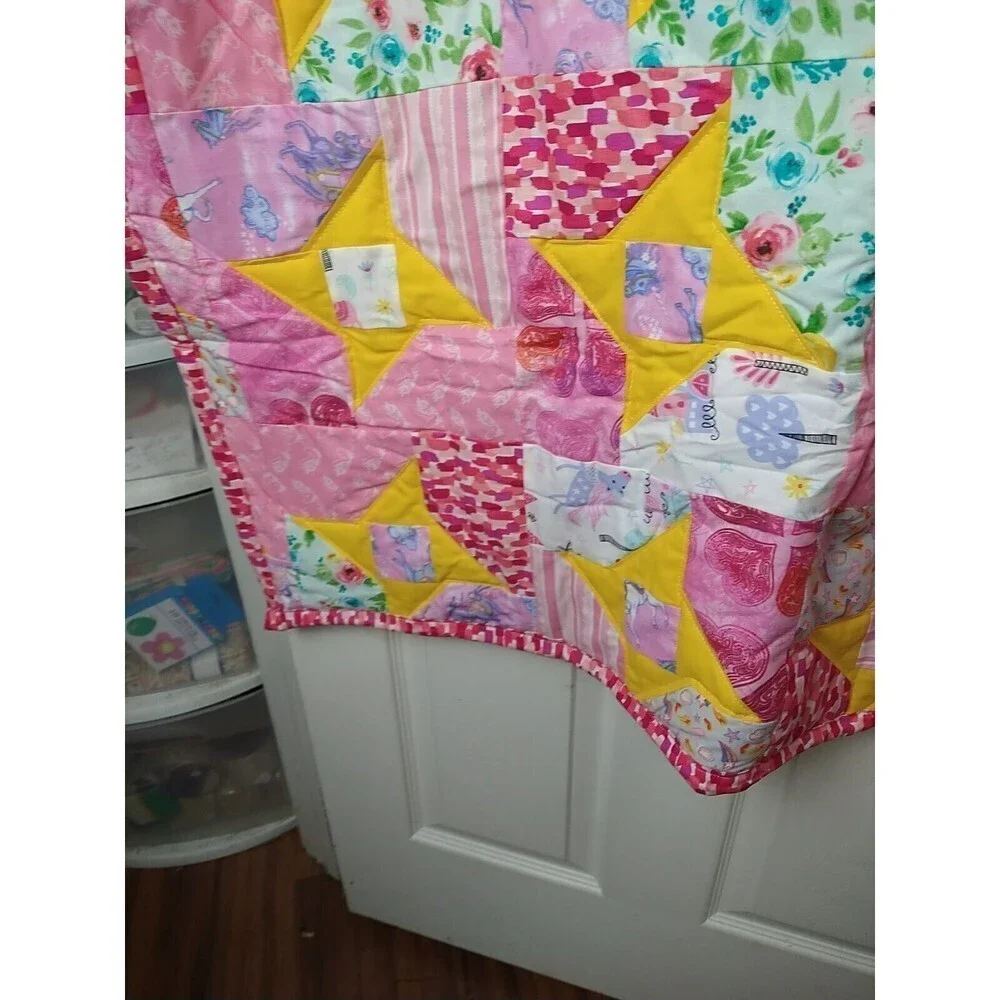 Handmade unicorn Rainbow Flower Heart Quilted Girls Lap/baby Quilt Size37.5